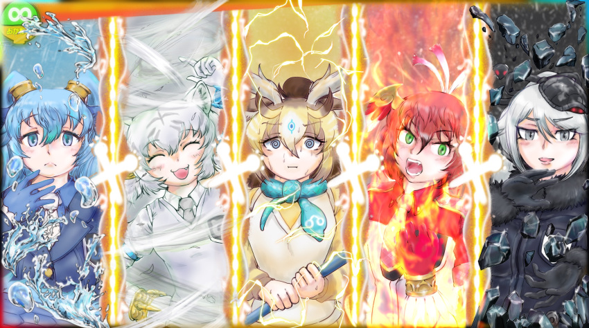 5girls @_@ ^_^ animal_ears arm_up black_hair blonde_hair blue_eyes blue_hair brown_hair byakko_(kemono_friends) closed_eyes closed_mouth darkness facing_viewer fire fur_collar fur_trim furrowed_brow genbu_(kemono_friends) giraffe_ears gloves green_eyes green_hair grey_eyes grey_hair hair_between_eyes hand_on_own_hip hat head_wings highres holding jacket kemono_friends kemono_friends_3 lightning long_hair long_sleeves medium_hair multicolored_hair multiple_girls nervous_sweating oerba_yun_fang open_mouth red_hair saja_(166j357) seiryuu_(kemono_friends) sivatherium_(kemono_friends) slit_pupils smile streaked_hair suzaku_(kemono_friends) sweat sweater sweater_vest tiger_ears tsurime two-tone_hair two_side_up water wind wings