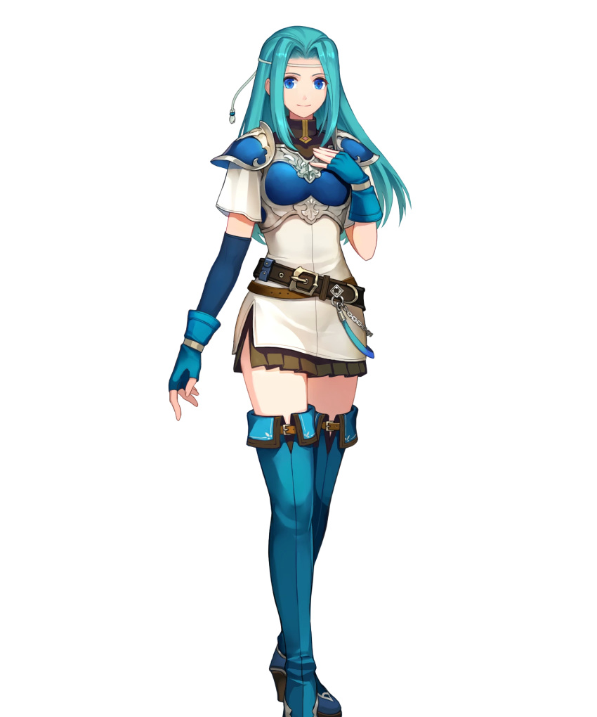 aqua_hair armor belt blue_eyes blue_footwear blue_gloves boots breastplate closed_mouth dress female fingerless_gloves fiora_(fire_emblem) fire_emblem fire_emblem:_the_blazing_blade fire_emblem_heroes full_body gloves hand_on_own_chest highres konfuzikokon long_hair looking_at_viewer official_art parted_bangs short_dress short_sleeves shoulder_armor shoulder_pads smile solo standing thigh_boots thighhighs transparent_background turtleneck white_dress