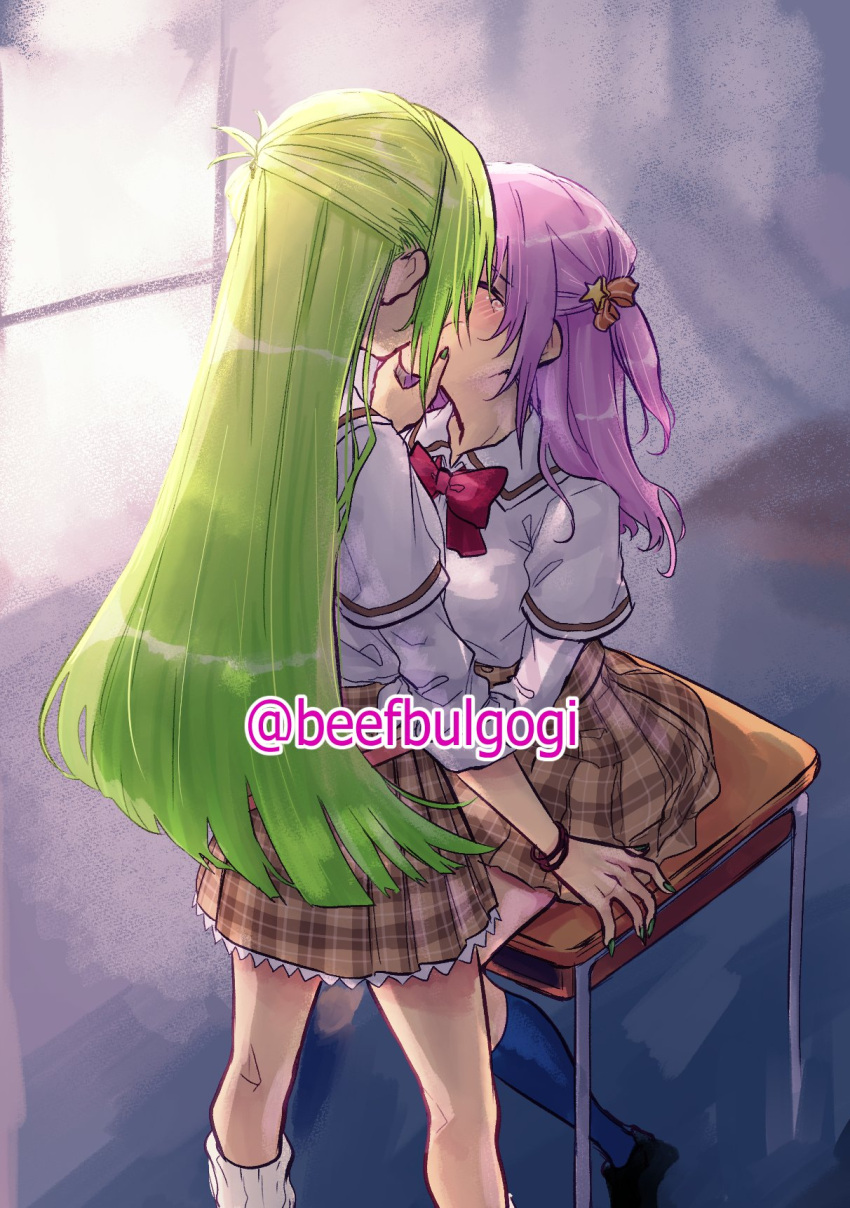 2girls alina_gray aqua_eyes blue_socks blunt_ends blush breasts closed_eyes desk green_hair hair_between_eyes hair_ornament highres kissing kneehighs long_hair magia_record:_mahou_shoujo_madoka_magica_gaiden mahou_shoujo_madoka_magica medium_hair misono_karin multicolored_hair multiple_girls on_desk parted_bangs parted_hair purple_eyes purple_hair red_wristband sakae_general_school_uniform school_desk school_uniform side-tie_shirt sidelocks sitting small_breasts socks standing star_(symbol) star_hair_ornament straight_hair streaked_hair tofucakes two_side_up very_long_hair wristband yuri