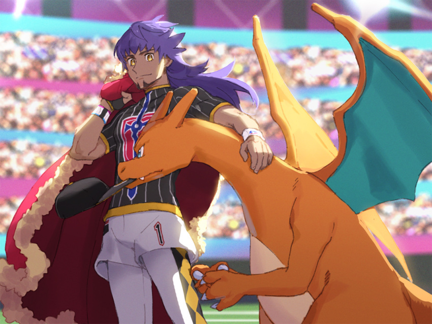 1boy blurry blurry_background cape champion_uniform charizard commentary_request dark-skinned_male dark_skin dynamax_band facial_hair fur-trimmed_cape fur_trim gloves holding holding_cape holding_clothes leggings leon_(pokemon) long_hair male_focus mouth_hold pokemon pokemon_(creature) pokemon_swsh purple_hair red_cape shirt short_sleeves shorts single_glove smile stadium standing unworn_cape white_shorts wristband yellow_eyes zukki_(suzukio)