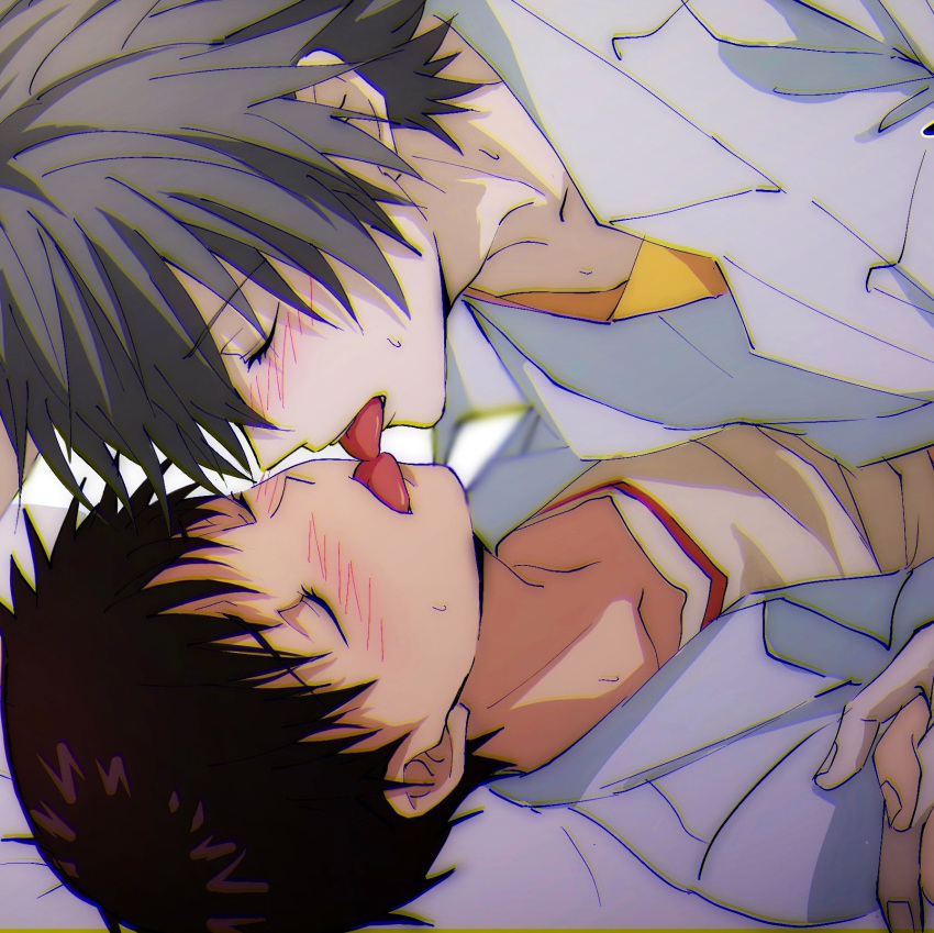 2boys bed blush brown_hair closed_eyes collared_shirt couple french_kiss grey_hair highres ikari_shinji interlocked_fingers kissing layered_clothes leaning_on_person lying male_focus multiple_boys nagisa_kaworu neon_genesis_evangelion on_back on_bed open_clothes open_shirt shirt short_hair sweat sweatdrop tongue tongue_out tousok undershirt upper_body white_shirt yaoi yellow_shirt