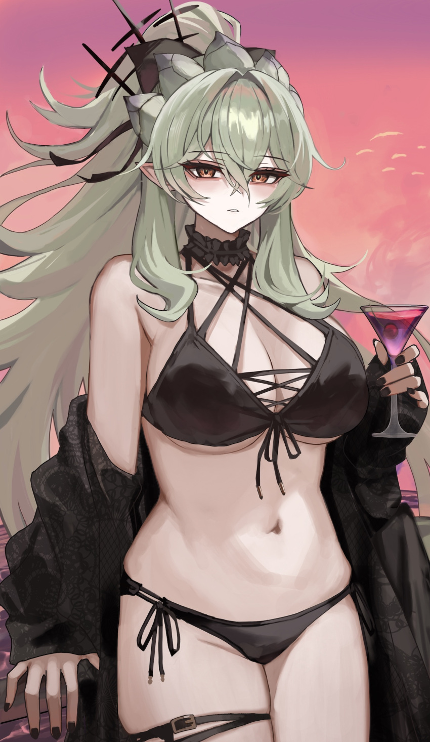 arigiep bare_shoulders bikini black_bikini black_nails black_ribbon breasts brown_eyes buckle cleavage collarbone cowboy_shot cup drinking_glass female frills front-tie_bikini_top front-tie_top green_hair highres holding holding_cup large_breasts long_hair long_sleeves looking_at_viewer monster_hunter_(series) nail_polish navel neck_garter off_shoulder open_clothes outdoors parted_lips pointy_ears ponytail rathian red_sky ribbon side-tie_bikini_bottom skindentation sky solo stomach swimsuit thigh_strap very_long_hair