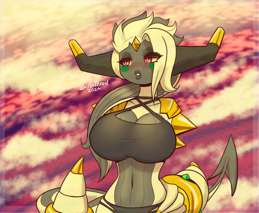 2024 2_horns anthro artist_name big_breasts bikini breasts cleavage clothed clothing digital_media_(artwork) english_text eyebrows eyelashes female fingers floating_hands forehead_gem gem generation_6_pokemon green_spots hair hoopa hoopa_(confined) horn latiar legendary_pokemon lips lipstick long_hair makeup nails nintendo number pokemon pokemon_(species) pupils red_eyes shiny_pokemon solo spots standing swimwear tail text thick_lips two-piece_swimsuit valaura_(latiar) white_pupils yellow_sclera