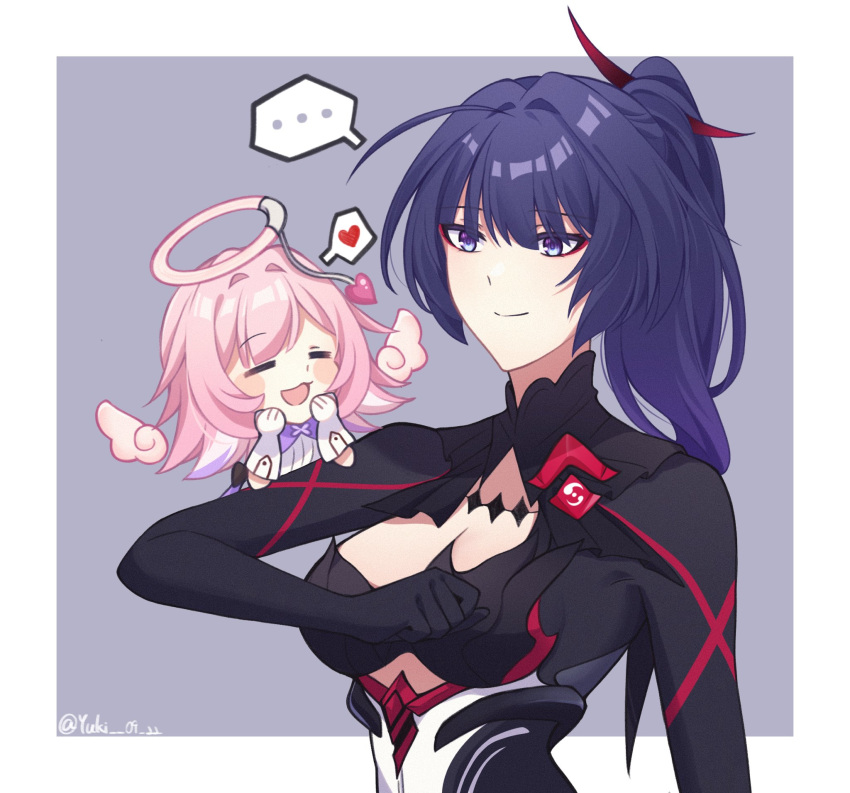 ... 2girls angel_wings black_dress black_gloves border breasts cleavage closed_mouth dress elbow_gloves elf_elysia gloves hair_ornament halo heart highres honkai_(series) honkai_impact_3rd large_breasts multiple_girls open_mouth pink_hair pink_halo purple_background purple_eyes purple_hair raiden_mei raiden_mei_(danzai_spectramancer) shiyuki_(yuki_09_22) smile spoken_ellipsis spoken_heart twitter_username upper_body white_border white_dress white_gloves wings