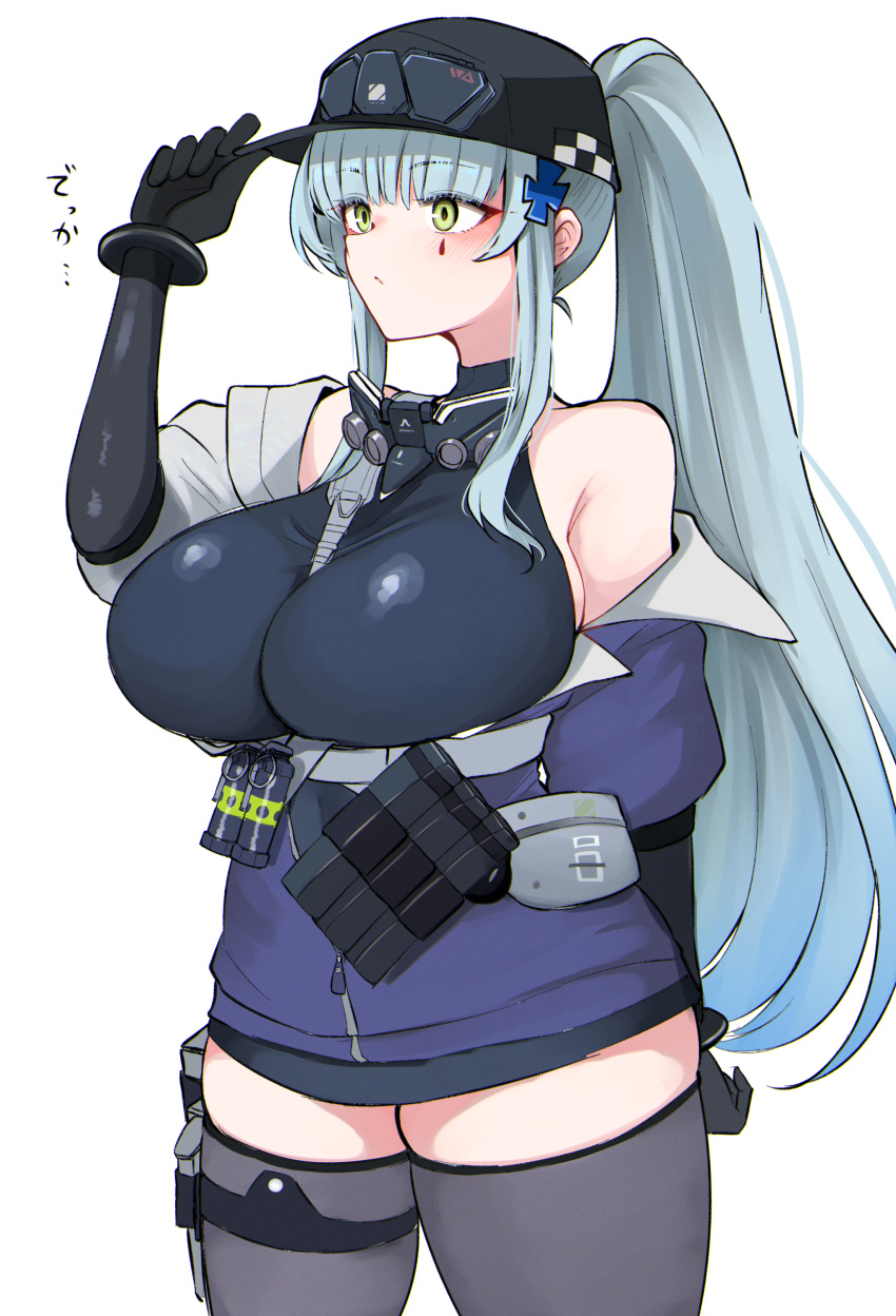 10eki_(tenchou) absurdres arm_behind_back baseball_cap black_thighhighs blue_hair breasts cleavage closed_mouth cowboy_shot cross_hair_ornament english_commentary female flashbang girls'_frontline girls'_frontline_2:_exilium green_eyes hair_ornament hand_on_headwear hand_up hat highres hk416_(girls'_frontline) jacket large_breasts long_hair magazine_(weapon) multicolored_clothes multicolored_jacket off_shoulder ponytail purple_jacket sidelocks simple_background solo teardrop_facial_mark teardrop_tattoo thick_thighs thighhighs thighs two-tone_jacket white_background white_jacket