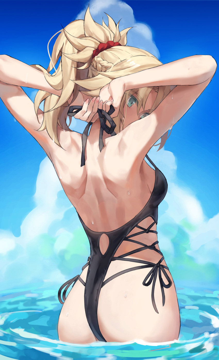 ass backboob bikini black_one-piece_swimsuit blonde_hair blue_sky braid breasts butt_crack cloud cloudy_sky fate/apocrypha fate/grand_order fate_(series) female from_behind green_eyes hair_ornament hair_scrunchie half_up_braid halterneck highleg highleg_one-piece_swimsuit highres mordred_(fate) one-piece_swimsuit parted_bangs ponytail red_scrunchie scrunchie sidelocks sky small_breasts solo swimsuit tonee tying