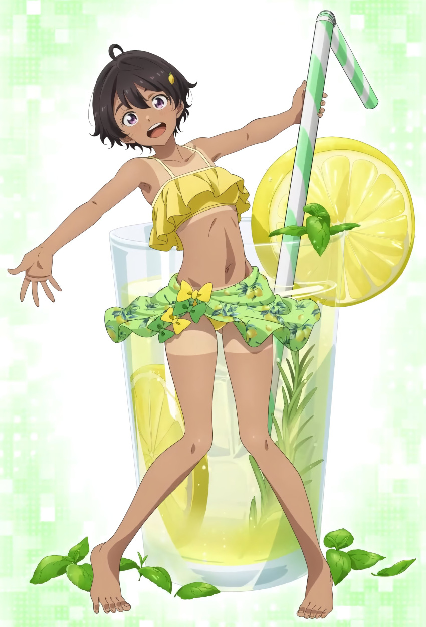 :d absurdres ahoge barefoot bendy_straw bikini bikini_skirt bow bow_skirt breasts brown_hair commentary covered_navel dark-skinned_female dark_skin drinking_straw female food food-themed_hair_ornament frilled_bikini frills fruit fruit_print full_body gradient_background green_background green_skirt hair_between_eyes hair_ornament head_tilt highres holding holding_drinking_straw knees_together_feet_apart leaf leaning_back lemon lemon_hair_ornament lemon_slice looking_at_viewer loose_hair_strand marusankaku midriff mini_person minigirl mint mojito open_mouth original outstretched_arms print_skirt purple_eyes shirt_tan short_hair shorts_tan skirt small_breasts smile solo spaghetti_strap spread_fingers standing swimsuit tan tanlines tiptoes toes tomboy very_short_hair white_background yellow_bikini yellow_bow