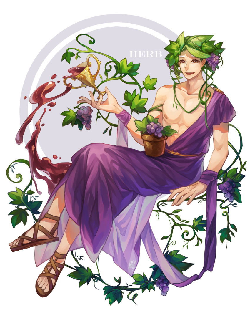 1boy absurdres alcohol alternate_costume ancient_greek_clothes brown_eyes brown_footwear calico chiton circle collarbone cookie_run crossed_legs cup food food-themed_hair_ornament fruit full_body grape_hair_ornament grapes greco-roman_clothes green_hair hair_ornament herb_cookie highres himation holding holding_cup humanization looking_at_viewer male_focus nipples open_mouth pectorals plant plant_hair potted_plant purple_robe robe sandals short_hair sitting smile solo spilling teeth upper_teeth_only white_background wine yuqian88212