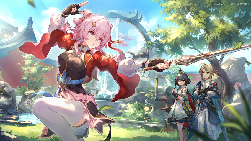 1boy 2girls architecture black_gloves black_hair blue_eyes blue_sky breasts brown_hair chinese_clothes closed_mouth day dress east_asian_architecture fingerless_gloves gloves grass hair_ornament highres holding holding_sword holding_weapon honkai:_star_rail honkai_(series) jacket jian_(weapon) long_hair long_sleeves looking_at_viewer march_7th_(honkai:_star_rail) march_7th_(hunt)_(honkai:_star_rail) multiple_girls official_art open_mouth outdoors pink_eyes pink_hair purple_eyes short_hair shuangyaji sky standing sword thighhighs tree weapon yanqing_(honkai:_star_rail) yunli_(honkai:_star_rail)