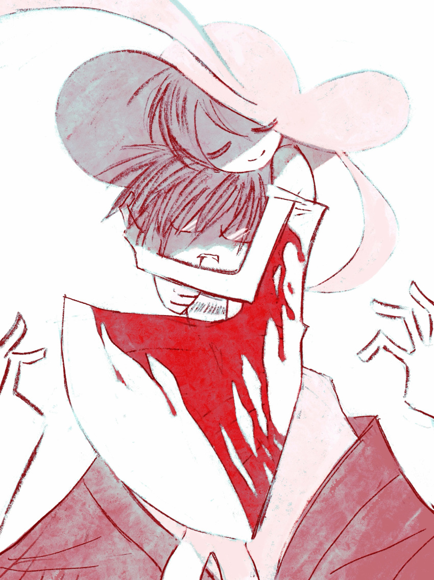 1boy absurdres blood blood_from_mouth blood_on_clothes blood_on_dress closed_eyes closed_mouth dress faceless faceless_male female frown fuura_kafuka glasses hands_up haori hat head_hug highres homilpain hug itoshiki_nozomu japanese_clothes off_shoulder parted_lips rope_marks sayonara_zetsubou_sensei shaded_face shirt short_dress short_hair simple_background sitting_on_shoulder smile strangulation_mark sun_hat sundress upper_body white_background white_dress