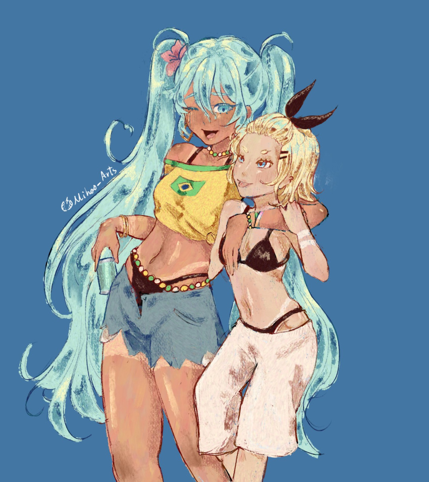 2girls aqua_hair arm_around_shoulder arm_around_waist bead_choker belly_chain bikini bikini_under_clothes black_bikini black_bow blonde_hair blue_background blue_eyes blue_shorts bow bracelet bracelet_tan brazilian_flag_print brazilian_miku can feet_out_of_frame hair_ornament hairbow hairclip hatsune_miku highres holding holding_can jewelry kagamine_rin long_hair mi_hao multiple_girls navel off-shoulder_shirt off_shoulder open_mouth print_shirt shirt short_hair shorts shorts_tan simple_background smile swimsuit tan tanlines tongue tongue_out twintails very_long_hair vocaloid yellow_shirt