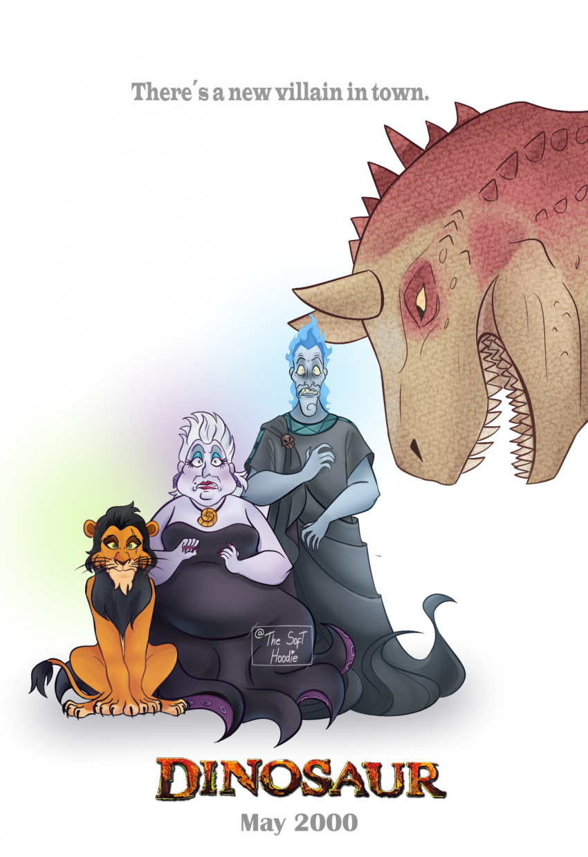 2024 2_horns abelisaurid ambiguous_gender anthro awkward black_body black_clothing black_fur black_mane black_robe blue_body blue_fire blue_skin carnotaurus cephalopod clothing colored_fire deity dinosaur dinosaur_(disney) disney disney's_hercules english_text felid female fire fur grey_text group hades_(disney) hi_res horn humanoid ice_age_3 jewelry lilo_and_stitch lion male mammal mane marine mollusk mostly_offscreen_character movie_poster multicolored_body necklace open_mouth orange_body orange_fur orange_text osteoderms pantherine parody prehistoric_species purple_body purple_skin red_body red_skin reptile res_scales robe scales scalie scar scar_(the_lion_king) scared signature simple_background sitting size_difference spines standing tan_body tan_scales tan_skin teeth tentacle text the_lion_king the_little_mermaid_(1989) the_soft_hoodie theropod two_tone_body ursula_(disney) white_background