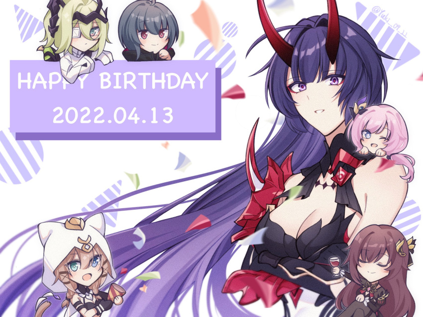 6+girls bare_shoulders black_dress blue_eyes breasts brown_hair chibi cleavage closed_eyes confetti dated dress eden_(honkai_impact) elysia_(honkai_impact) elysia_(miss_pink_elf)_(honkai_impact) eyepatch green_eyes grey_hair happy_birthday heterochromia highres honkai_(series) honkai_impact_3rd horns klein_(honkai_impact) large_breasts long_hair looking_at_viewer medical_eyepatch multiple_girls pardofelis pink_hair purple_eyes raiden_mei raiden_mei_(herrscher_of_thunder) raven_(honkai_impact) red_hair red_horns shiyuki_(yuki_09_22) upper_body white_background