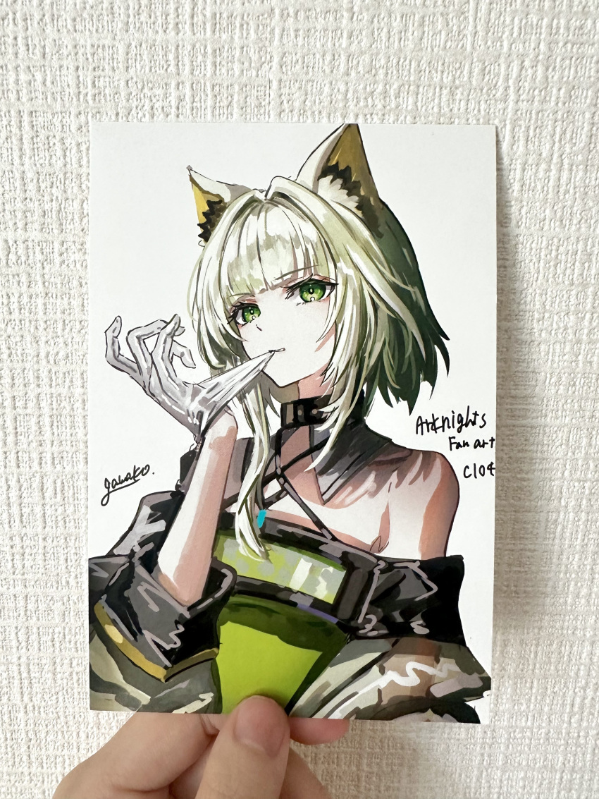 absurdres adjusting_clothes adjusting_gloves animal_ears arknights artist_name bare_shoulders biting copyright_name dress female gawako glove_biting glove_pull gloves green_dress green_eyes green_hair hair_intakes hand_up highres kal'tsit_(arknights) looking_at_viewer off_shoulder photo_(medium) short_hair_with_long_locks signature solo traditional_media upper_body white_gloves