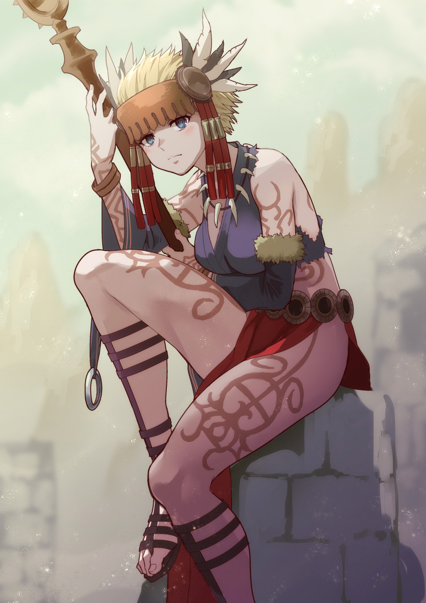 blonde_hair blue_eyes breasts character_request detached_sleeves female full-body_tattoo fur-trimmed_sleeves fur_trim gladiator_sandals highres holding holding_staff iwaya jewelry necklace sandals short_hair sitting solo staff tattoo tooth_necklace unicorn_overlord