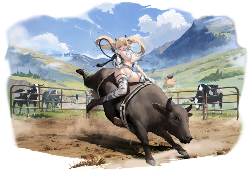 animal animal_ears animal_print azur_lane bare_shoulders belt bikini bird blonde_hair blue_sky boots bovine breasts bull cloud cloudy_sky cow_ears cow_print day fake_animal_ears fake_horns female gloves hair_ornament high_heel_boots high_heels highres holding holding_weapon holding_whip horns horse kersaint_(a_saint's_mercy_can_do_no_wrong)_(azur_lane) kersaint_(azur_lane) large_breasts long_hair manjuu_(azur_lane) mimoza_(96mimo414) mountain navel official_art open_mouth outdoors red_eyes sky stomach swimsuit thigh_strap thighhighs thighs twintails weapon whip