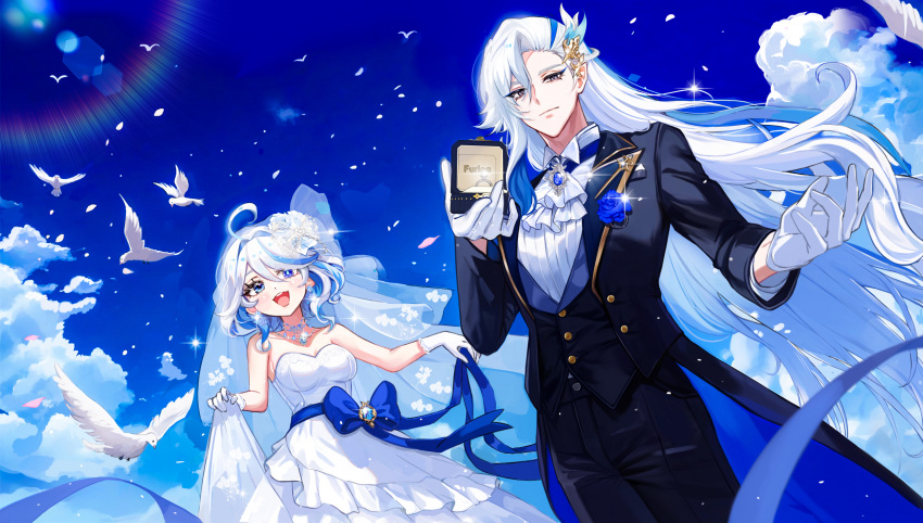 1boy ahoge bare_shoulders black_coat blue_bow blue_sash blue_sky bow box breasts bride closed_mouth cloud coat cowboy_shot dress falling_petals female furina_(genshin_impact) genshin_impact gloves groom highres holding holding_box husband_and_wife long_hair looking_at_viewer medium_breasts multicolored_hair neuvillette_(genshin_impact) parted_bangs petals purple_eyes ring_box sash short_hair sidelocks sky sparkle straight strapless strapless_dress streaked_hair tuxedo very_long_hair veryslow_zzzpin vest wavy_hair wedding_dress white_dress white_gloves white_hair white_vest wing_collar