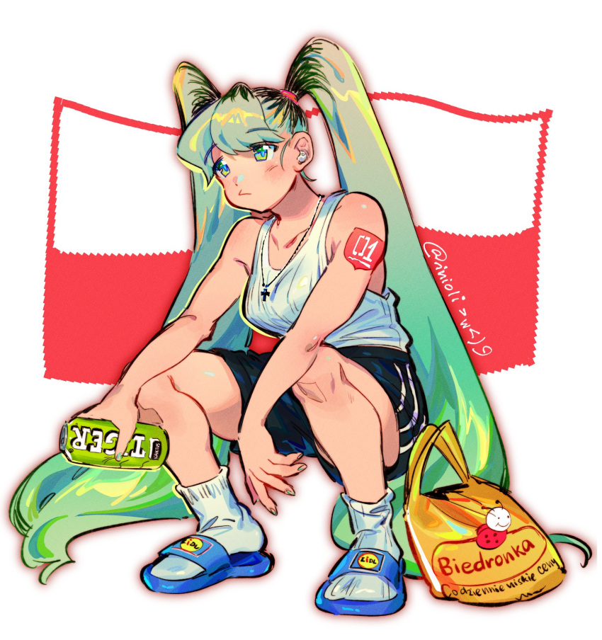 bag biedronka black_shorts blue_footwear commentary earbuds earphones energy_drink english_commentary female flip-flops full_body gradient_hair green_eyes green_hair hatsune_miku highres inioli kaomoji lidl long_hair multicolored_hair nail_polish plastic_bag polish_flag sandals shorts simple_background socks solo squatting tank_top twintails twitter_username very_long_hair vocaloid white_background white_socks white_tank_top