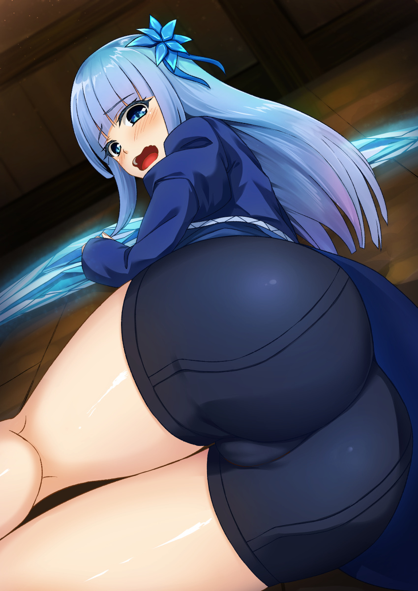 absurdres ass bike_shorts blue_dress blue_eyes blue_flower blue_hair blue_jacket blunt_bangs blush cropped_jacket dress female flower highres isekai_ojisan jacket juliet_sleeves long_hair long_sleeves looking_back mabel_raybert on_floor open_mouth puffy_sleeves sidelocks solo sorano_(12gou)