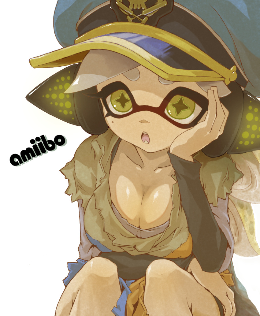 :o agent_3_(splatoon) agent_3_(splatoon)_(cosplay) amiibo arm_under_breasts black_shirt blue_hat breasts cleavage collarbone commentary_request cosplay female grey_hair grey_shirt hand_on_own_cheek hand_on_own_face hat head_rest headphones hideyoshi_(swliyhbpe9xqqze) highres inkling large_breasts layered_sleeves long_sleeves marie_(splatoon) medium_hair mole mole_under_eye oerba_yun_fang open_mouth patchwork_clothes peaked_cap shirt short_over_long_sleeves short_sleeves simple_background solo splatoon_(series) splatoon_3 star-shaped_pupils star_(symbol) suction_cups swept_bangs symbol-shaped_pupils tentacle_hair thick_eyebrows white_background yellow_eyes