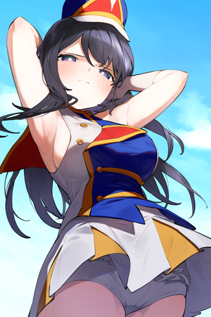 absurdres armpits black_hair bloomers blue_hat blue_sky blush breasts bright_pupils closed_mouth cloud commentary_request day female goe_(g-o-e) hat hibike!_euphonium highres kousaka_reina large_breasts long_hair looking_at_viewer marching_band outdoors purple_eyes skirt sky solo two-tone_skirt white_bloomers white_pupils white_skirt yellow_skirt