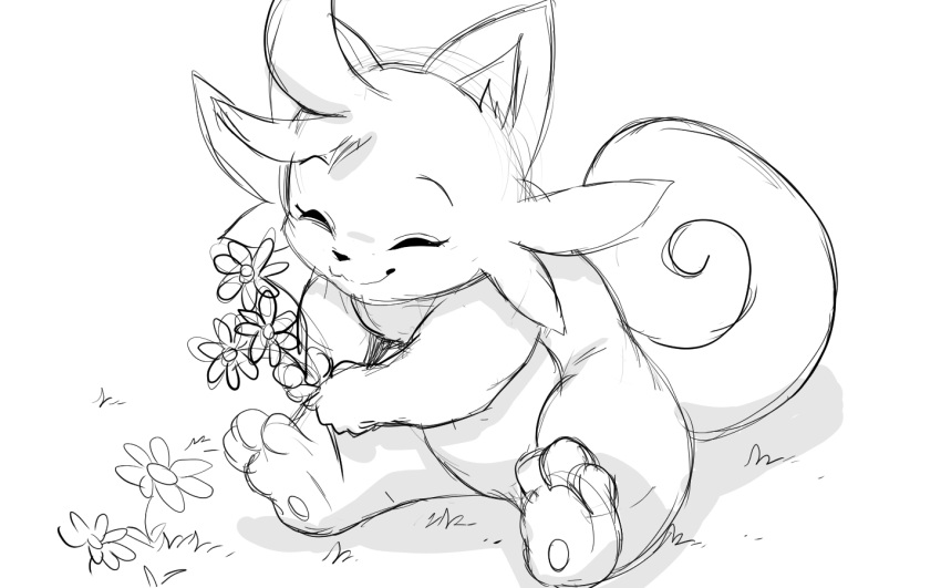 16:10 2024 3_toes ambiguous_gender anthro cattiva closed_eyes feet flower greyscale guide_lines happy holding_flower holding_object monochrome nude pal_(species) palworld plant pocketpair simple_background sitting solo toes white_background widescreen winick-lim