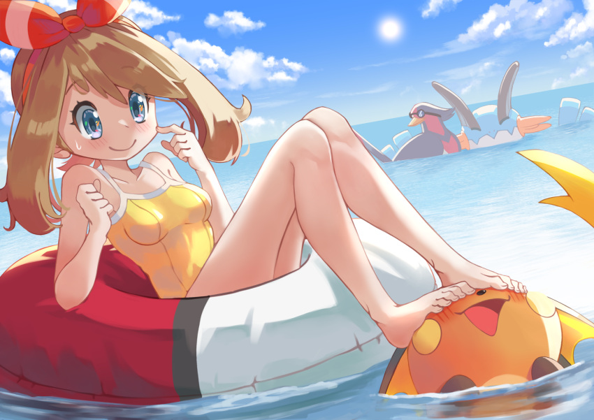 barefoot blue_eyes blush bow_hairband breasts closed_mouth cloud commentary_request day eyelashes female fufunoko hairband hands_up innertube knees looking_down may_(pokemon) one-piece_swimsuit outdoors poke_ball_print pokemon pokemon_oras raichu sky smile sun swampert sweatdrop swellow swim_ring swimsuit toes water yellow_one-piece_swimsuit