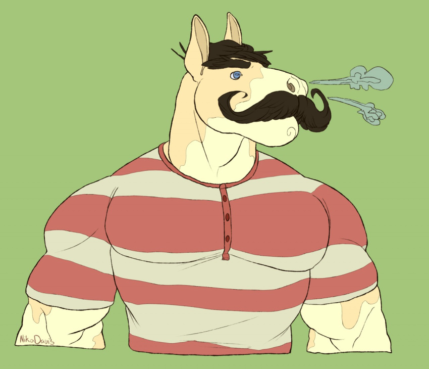 2017 alternate_species anthro black_hair blue_eyes breath bust_portrait clothing colored digital_drawing_(artwork) digital_media_(artwork) don't_starve draft_horse equid equine facial_hair flat_colors fur furrification green_background hair horizontal_pupils horse jumpsuit klei_entertainment looking_away male mammal moustache multicolored_body multicolored_fur muscular muscular_anthro muscular_male nikodavis pattern_clothing pecs portrait pupils red_stripes shire short_hair signature simple_background solo spiral striped_clothing striped_jumpsuit stripes tan_body tan_fur two_tone_body two_tone_fur white_stripes wolfgang_(don't_starve)