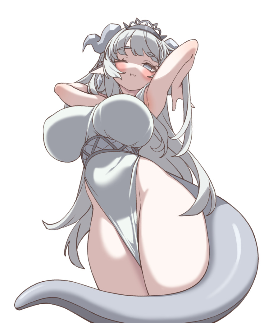 ;3 absurdres armpits arms_up blush breasts dress elomil female from_below grey_eyes grey_hair highres horns long_hair looking_at_viewer one_eye_closed oppai_loli original pelvic_curtain pointy_ears simple_background solo standing tail thighs tiara white_background white_dress