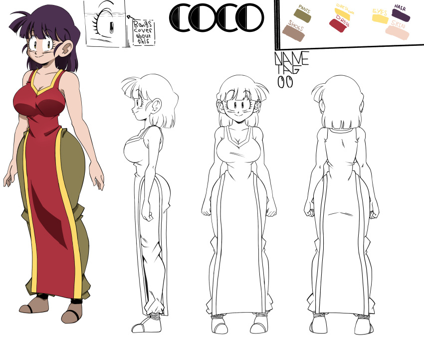 absurdres artist_name bob_cut breasts cleavage color_guide colored_skin dress eyelashes female green_pants highres japanese_clothes large_breasts line_art mature_female multiple_views non-web_source original pants purple_hair red_dress short_hair smile solo thick_thighs thighs wide_face yellow_eyes