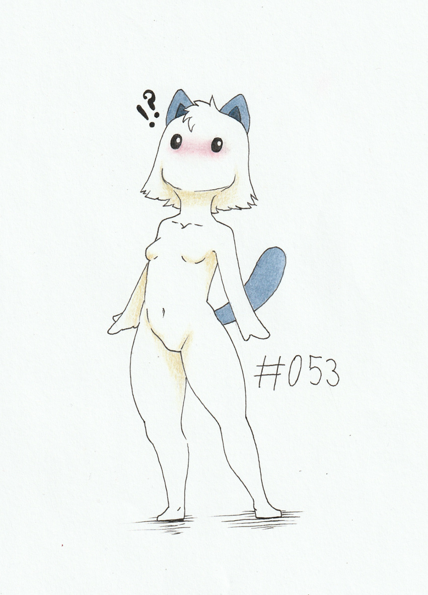 ?! anthro anthrofied black_eyes blue_ears blue_tail blush breasts empty_eyes featureless_breasts featureless_crotch female foxydraws fur hi_res mouthless noseless nude pal_(species) palworld pocketpair simple_background small_breasts solo standing swee tail traditional_media_(artwork) white_background white_body white_fur