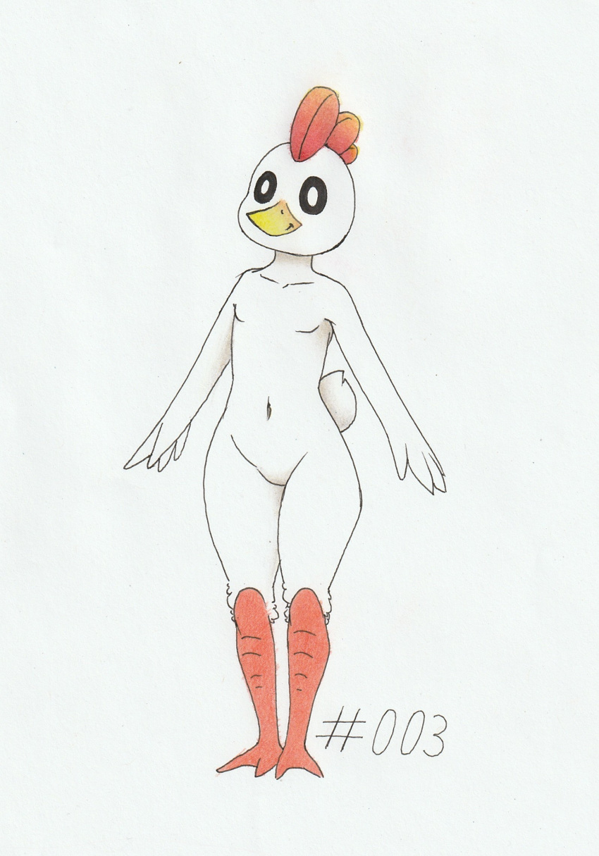 anthro anthrofied avian_feet beak chikipi featureless_chest featureless_crotch female foxydraws hi_res navel nude pal_(species) palworld pocketpair simple_background solo standing traditional_media_(artwork) white_background white_body