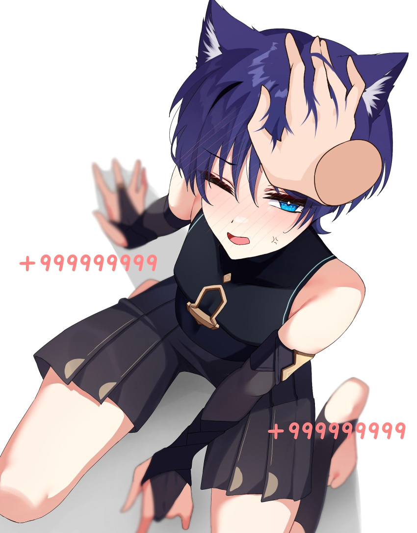 1boy 1other absurdres alternate_eye_color androgynous anger_vein animal_ears barefoot between_legs bishounen black_bridal_gauntlets black_socks blue_eyes blurry blush bridal_gauntlets bright_pupils cat_boy cat_ears chobonu depth_of_field disembodied_hand from_above furrowed_brow gameplay_mechanics genshin_impact hakama hakama_shorts hand_between_legs hand_in_another's_hair hand_on_floor hand_rest highres japanese_clothes kemonomimi_mode kneeling knees_out_of_frame male_focus no_headwear no_jacket one_eye_closed open_mouth ruffling_hair scaramouche_(genshin_impact) shadow shirt short_hair short_shorts shorts simple_background sleeveless sleeveless_shirt socks solo solo_focus third-party_source toeless_legwear wanderer_(genshin_impact) white_background white_pupils