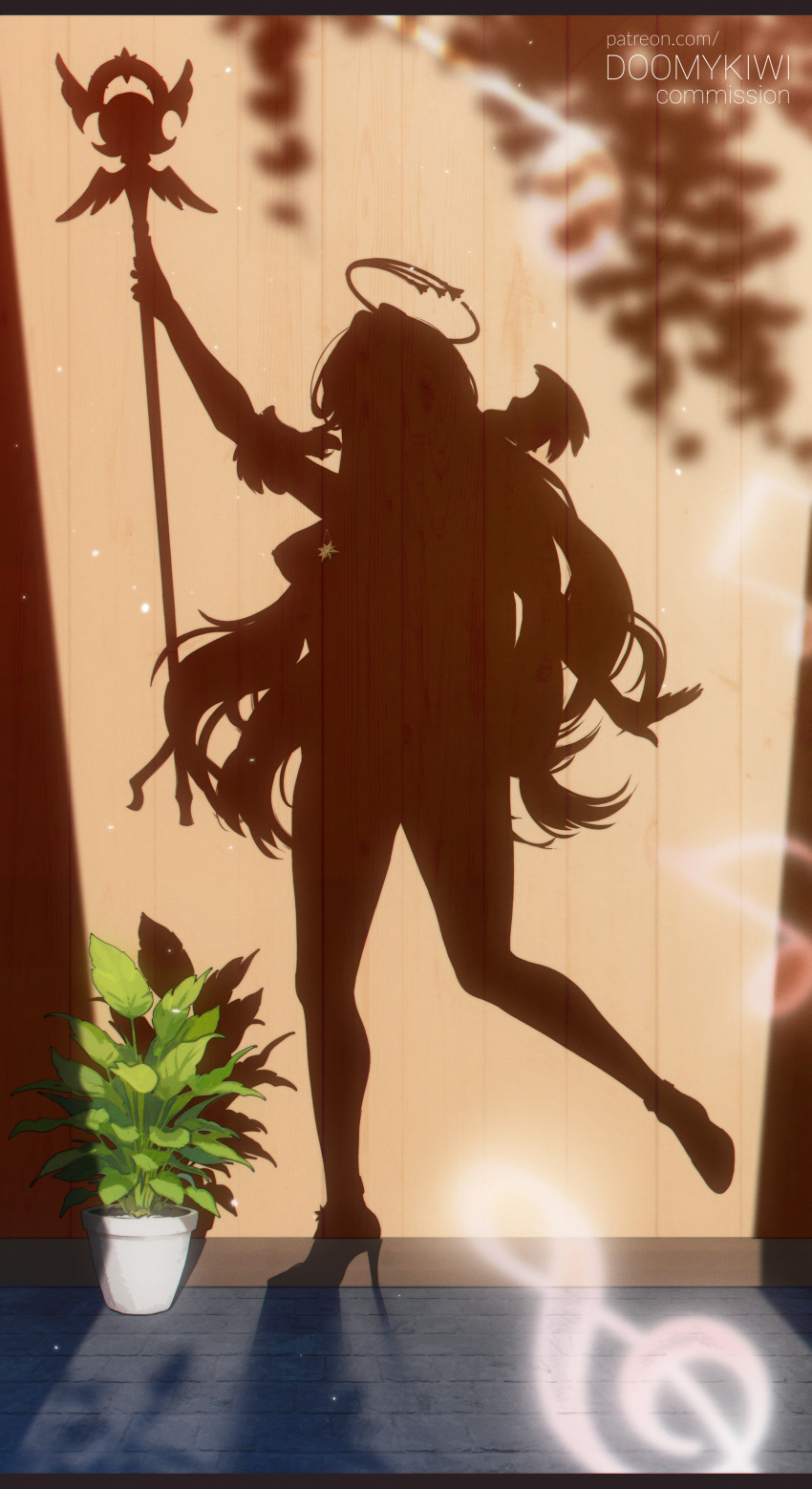 absurdres arm_up doomykiwi dressed_shadow_(meme) female full_body halo head_wings high_heels highres holding holding_staff honkai:_star_rail honkai_(series) implied_nudity long_hair meme musical_note plant potted_plant robin_(honkai:_star_rail) shadow signature solo staff standing very_long_hair wings wooden_wall