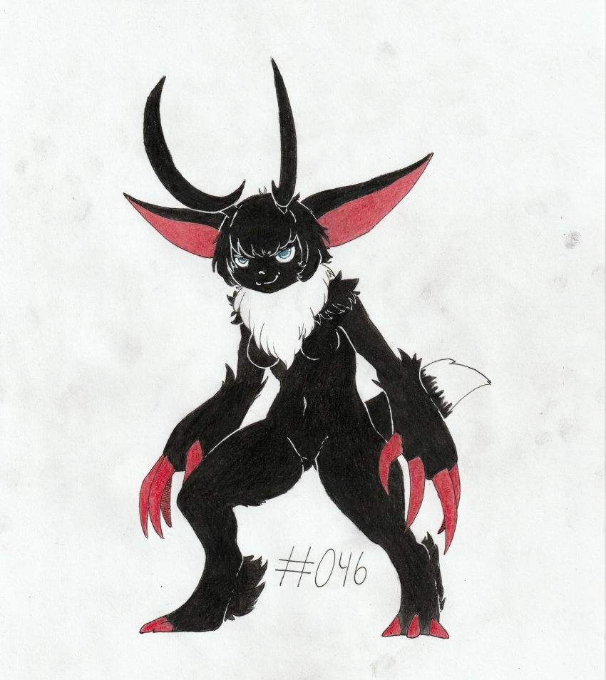 absurd_res ankle_tuft anthro anthrofied antlers big_claws black_body black_fur black_hair breasts claw_fingers claws digitigrade dipstick_tail featureless_breasts featureless_crotch female foxydraws fur hair hi_res horn leg_tuft loupmoon markings neck_tuft nude pal_(species) palworld pocketpair simple_background solo standing tail tail_markings traditional_media_(artwork) tuft white_background white_body white_fur