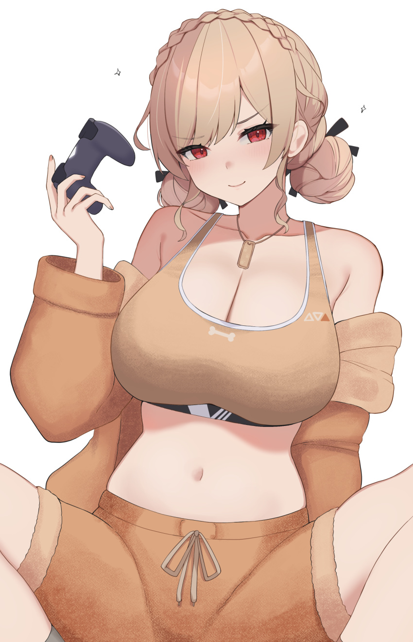 absurdres bare_shoulders blush braid breasts brown_hair brown_jacket brown_shorts brown_sports_bra cleavage closed_mouth collarbone commentary_request controller crown_braid dog_tags double_bun female fur_jacket furen_e_lustario furen_e_lustario_(5th_costume) game_controller hair_bun highres holding holding_controller holding_game_controller jacket large_breasts looking_at_viewer loungewear midriff navel nijisanji official_alternate_costume official_alternate_hairstyle red_eyes shorts simple_background smile solo sports_bra spread_legs v-shaped_eyebrows virtual_youtuber wabimochi white_background