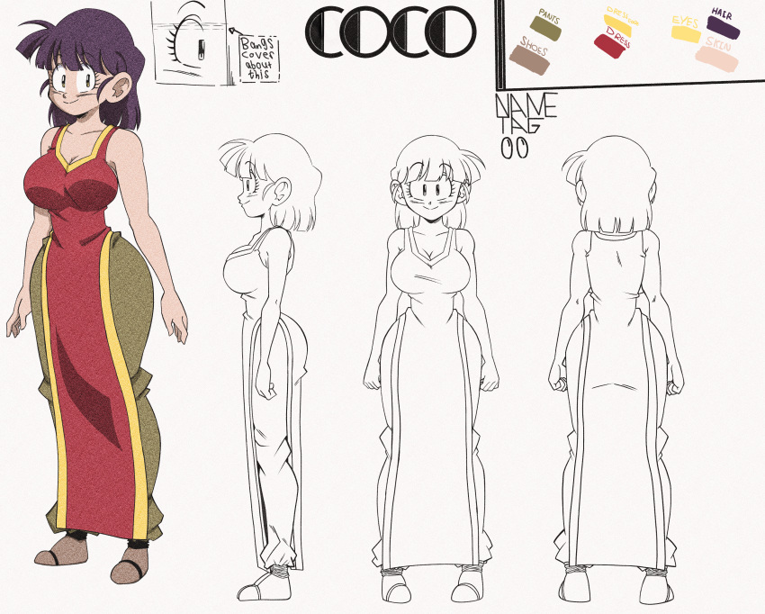 absurdres artist_name bob_cut breasts cleavage color_guide colored_skin commentary dress english_commentary eyelashes female green_pants highres japanese_clothes large_breasts line_art mature_female multiple_views non-web_source original pants purple_hair red_dress short_hair smile solo thick_thighs thighs wide_face yellow_eyes