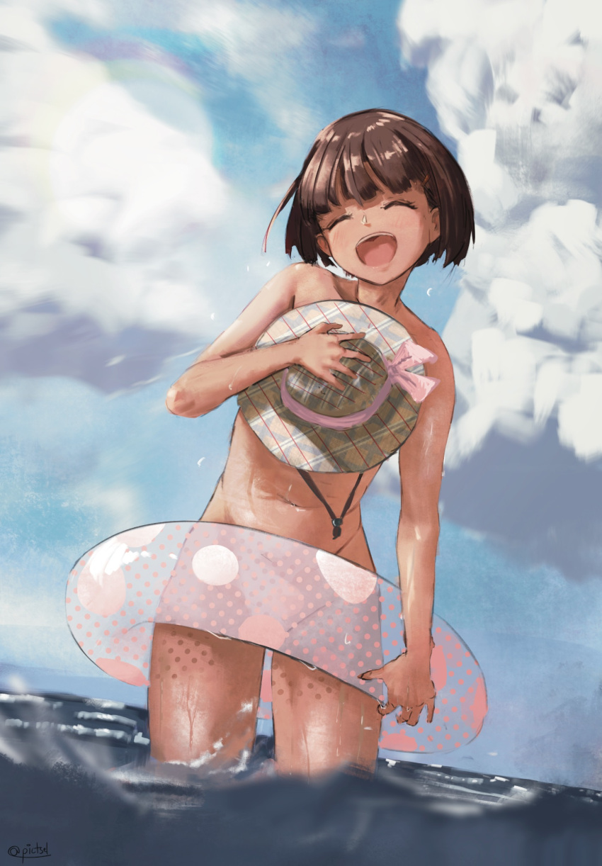 :d ^_^ artist_name bare_shoulders blue_sky blunt_bangs blunt_ends blurry bob_cut bokeh brown_hair brown_hat chin_strap closed_eyes cloud collarbone completely_nude convenient_censoring covering_breasts covering_privates cowboy_shot cumulonimbus_cloud depth_of_field dripping dutch_angle female from_below groin hair_ribbon hand_on_own_chest hat head_tilt highres holding holding_hat holding_swim_ring holding_unworn_clothes leaning_forward leaning_to_the_side navel nude ocean open_mouth original pictsel pink_ribbon plaid_clothes plaid_headwear ribbon shiny_skin short_hair signature sky smile solo standing sun_hat swim_ring teeth transparent_innertube twitter_username upper_teeth_only wading water water_drop wet wind