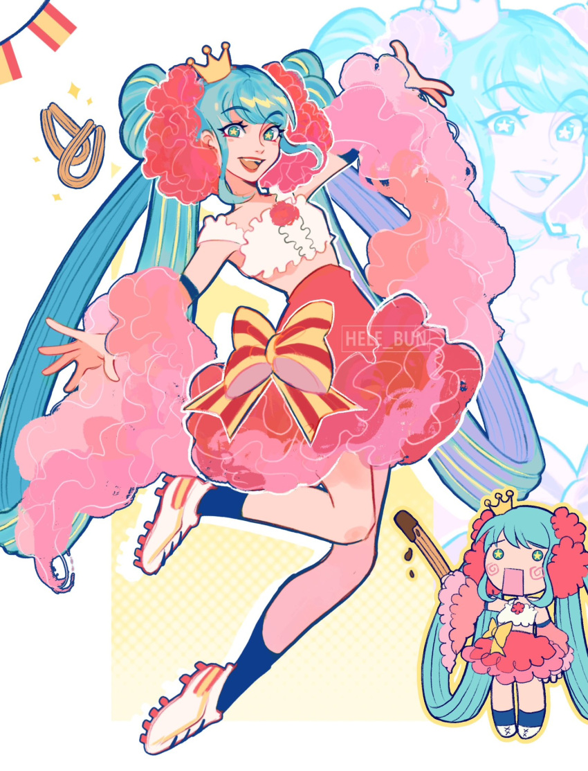 arm_up black_socks blue_eyes blue_hair bow crown female flower full_body hachune_miku hair_ornament hair_rings hair_scrunchie hatsune_miku hele_bun highres ievan_polkka_(vocaloid) long_hair mini_crown open_mouth pink_flower pink_skirt red_bow scrunchie shoes sidelocks skirt smile sneakers socks solo spanish_flag striped_bow very_long_hair vocaloid white_footwear