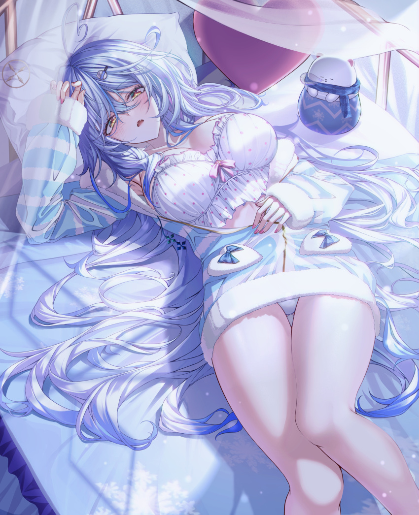 absurdres ahoge bed blue_hair blush bra bratja breasts cleavage cowboy_shot daifuku_(yukihana_lamy) fangs female heart heart_ahoge highres hololive large_breasts long_hair looking_at_viewer lying official_alternate_costume on_back on_bed pajamas pillow thighs underwear virtual_youtuber white_bra yellow_eyes yukihana_lamy yukihana_lamy_(loungewear)