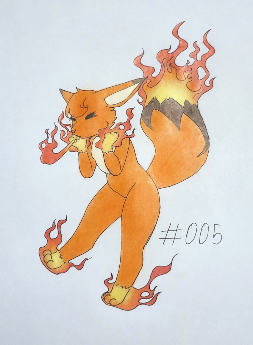 2024 3_toes absurd_res anthro breath_powers chest_tuft closed_eyes colored_pencil_(artwork) elemental_manipulation featureless_crotch feet female fire fire_breathing fire_manipulation flaming_tail foxparks foxydraws fur hi_res nude orange_body orange_fur pal_(species) palworld pocketpair simple_background solo tail toes traditional_media_(artwork) tuft white_background