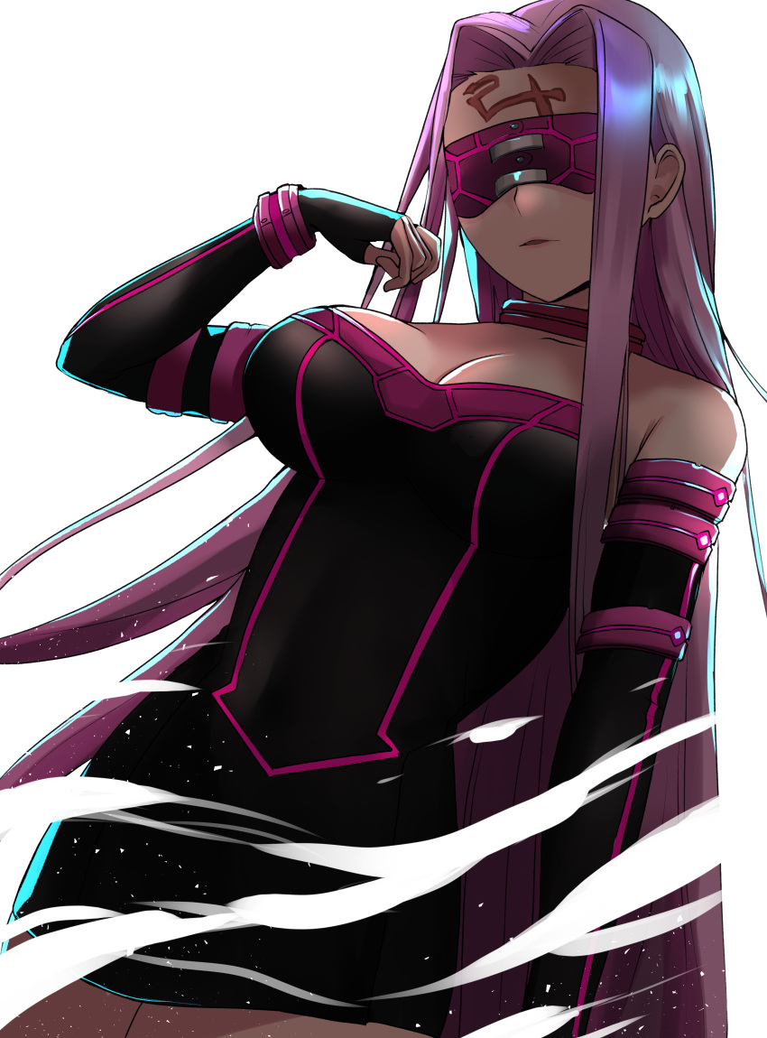 absurdres bare_shoulders black_dress blindfold breasts cleavage collar detached_sleeves dress facial_mark fate/stay_night fate_(series) female forehead forehead_mark highres kankitsu_kei large_breasts long_hair medusa_(fate) medusa_(rider)_(fate) parted_bangs parted_lips purple_hair short_dress sidelocks solo very_long_hair