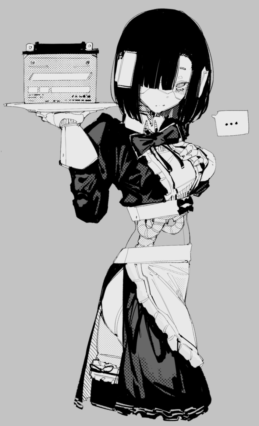 ... 10_4_(10f0ur) apron blunt_bangs closed_mouth female greyscale hair_over_one_eye hands_up highres holding holding_tray looking_at_viewer monochrome original simple_background skirt solo split_mouth spoken_ellipsis tray