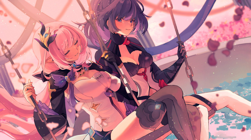 2girls absurdres black_dress black_footwear black_gloves black_shorts boots breasts cherry_blossoms cleavage closed_eyes closed_mouth commentary corset detached_sleeves dress elf elysia_(honkai_impact) elysia_(miss_pink_elf)_(honkai_impact) falling_petals gloves hair_ornament high_heel_boots high_heels highres honkai_(series) honkai_impact_3rd large_breasts long_hair long_sleeves mofumanju multiple_girls petals pink_hair pink_sky pointy_ears ponytail purple_eyes purple_hair raiden_mei raiden_mei_(danzai_spectramancer) short_shorts shorts single_glove sitting sky smile swing_set thighs white_corset yuri