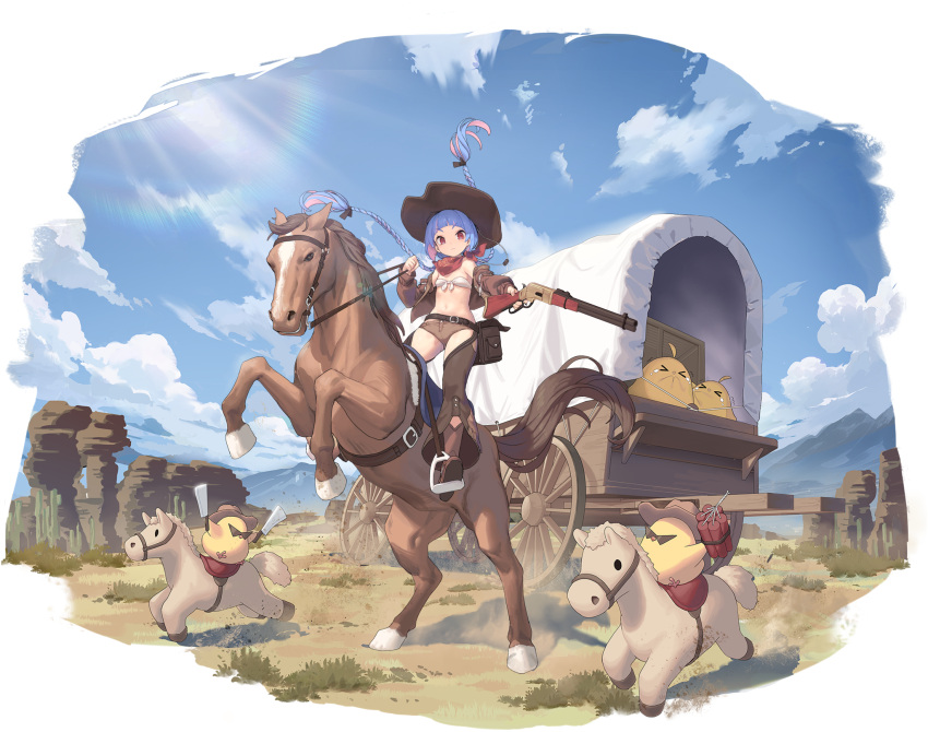 animal artist_request azur_lane belt bird blue_hair boots braid breasts cart chaps cloud cloudy_sky day dynamite explosive female full_body gun highres holding holding_weapon horse horseback_riding jacket long_hair looking_at_viewer manjuu_(azur_lane) navel official_art open_clothes open_jacket outdoors pink_hair red_eyes riding rifle shorts sky small_breasts stomach sunlight u-556_(azur_lane) u-556_(prairie_knight)_(azur_lane) weapon