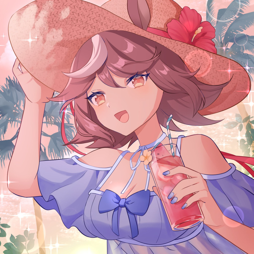 blue_bow blue_dress blue_nails bow breasts brown_eyes brown_hair cleavage coche_katabami cup dress dress_bow drinking_glass drinking_straw female flower hat hat_flower highres holding holding_cup indie_virtual_youtuber multicolored_hair open_mouth palm_tree red_flower second-party_source short_hair solo sparkle streaked_hair sun_hat sundress sunset tan tomoe_umari tomoe_umari_(summer) tree upper_body virtual_youtuber white_hair