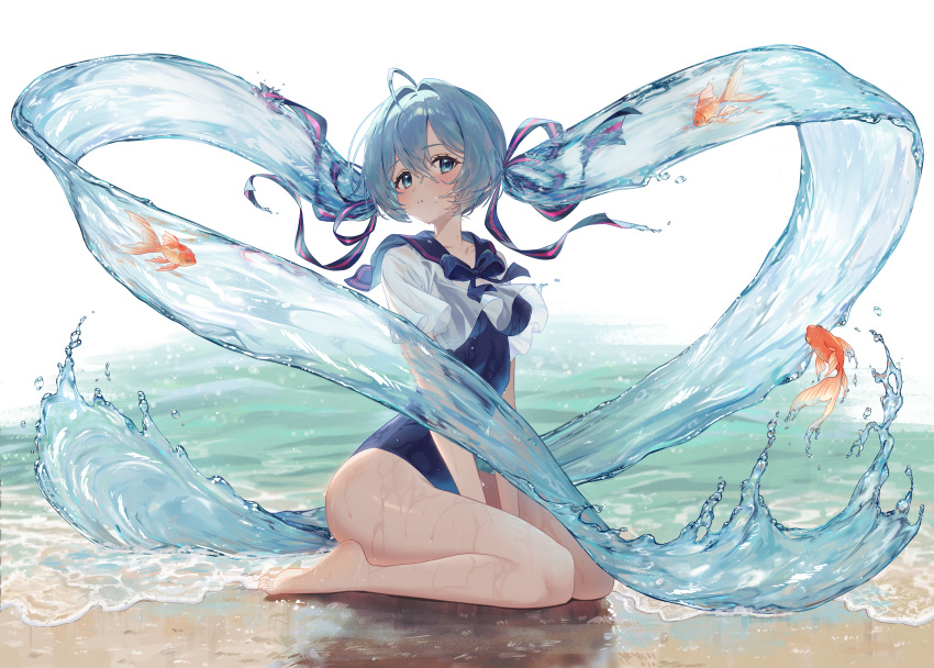 absurdres ahoge bare_legs barefoot beach blue_bow blue_bowtie blue_eyes blue_hair blue_one-piece_swimsuit blue_sailor_collar blush bottle_miku bow bowtie breasts commentary competition_school_swimsuit cropped_shirt crossed_bangs feet female fish goldfish hair_between_eyes hair_ribbon hatsune_miku highres liquid_hair long_hair looking_at_viewer medium_breasts ocean one-piece_swimsuit parted_lips ribbon sailor_collar school_swimsuit school_uniform seiza seoki_(hi3031) shirt shore short_sleeves sitting solo swimsuit teeth toes twintails very_long_hair vocaloid water water_drop wet wet_clothes wet_swimsuit white_shirt