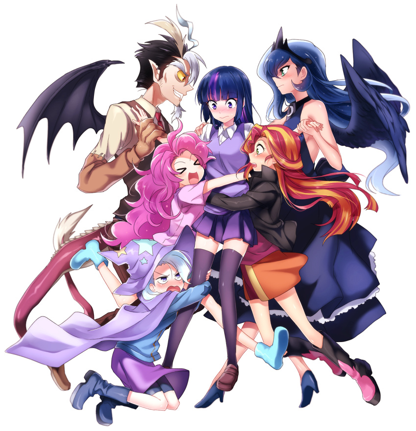 1boy 5girls :d alternate_skin_color aqua_eyes bad_id bad_tumblr_id bat_wings bisexual_female blonde_hair blue_dress blue_hair blunt_bangs blush boots breasts cape clinging closed_eyes collared_shirt colored_sclera crown curly_hair discord_(my_little_pony) dragon_tail dress feathered_wings flustered grin harem hat highres holding_hands horns hug jacket leather leather_jacket long_hair multicolored_hair multiple_girls my_little_pony my_little_pony:_equestria_girls my_little_pony:_friendship_is_magic open_mouth personification pink_hair pinkie_pie_(mlp) pointy_ears princess_luna_(mlp) purple_cape purple_eyes purple_hair purple_hat purple_skirt purple_sweater_vest re_ghotion red_hair shirt sideboob simple_background skirt smile streaked_hair sunset_shimmer sunset_shimmer_(human) sweater_vest tail thighhighs trixie_lulamoon twilight_sparkle_(mlp) very_long_hair white_background white_shirt wings wizard_hat yellow_sclera zettai_ryouiki