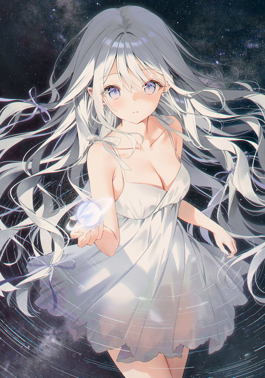 bare_arms bare_shoulders breasts cleavage dress female hair_between_eyes hair_ornament highres lace long_hair looking_at_viewer medium_breasts orb original solo star_(sky) wavy_hair weri white_dress white_eyes white_hair