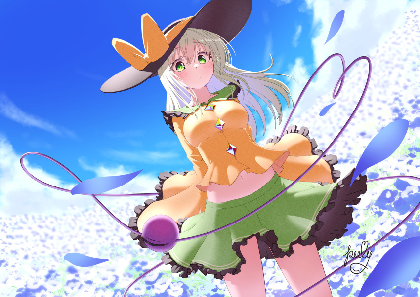 absurdres black_hat blue_sky blush bow breasts closed_mouth cloud commentary_request commission female frilled_skirt frilled_sleeves frills green_eyes green_hair green_skirt hat hat_bow heart heart_of_string highres komeiji_koishi long_hair long_sleeves looking_at_viewer navel outdoors polyhedron2 shirt signature skeb_commission skirt sky smile solo third_eye touhou yellow_bow yellow_shirt